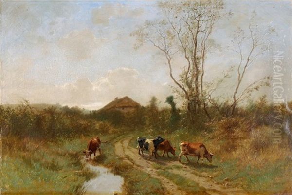 Landschaft Mit Bauernhof Und Kuhen by Gustave Eugene Castan