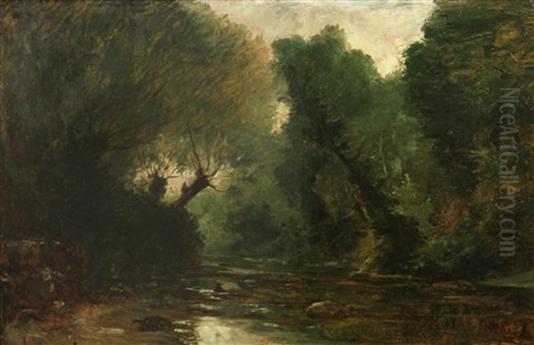 A River Landscape Oil Painting by Gustave Eugene Castan