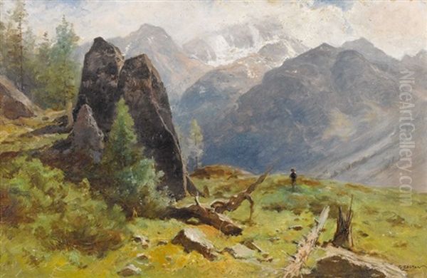 Sonnige Bergpartie Mit Wandersmann Oil Painting by Gustave Eugene Castan