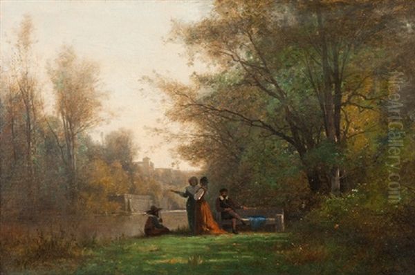 Promenade Au Bord De La Riviere by Gustave Eugene Castan