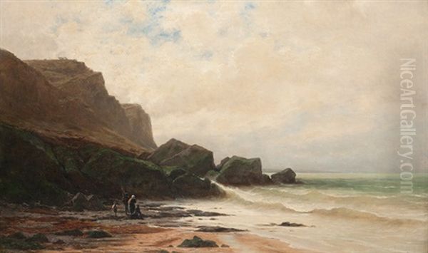 A Villers Sur Mer (normandie) - Kustenlandschaft Mit Felsen Und Fischerfamilie Oil Painting by Gustave Eugene Castan