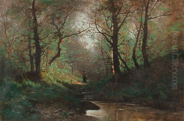 Waldlandschaft Mit Reisigsammlerin Oil Painting by Gustave Eugene Castan