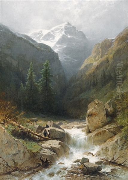 Wilder Gebirgsbach Bei Rosenlaui Mit Dem Wellhorn Oil Painting by Gustave Eugene Castan