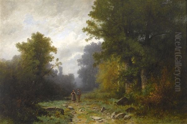 Romantischer Waldweg Mit Einem Paar Oil Painting by Gustave Eugene Castan