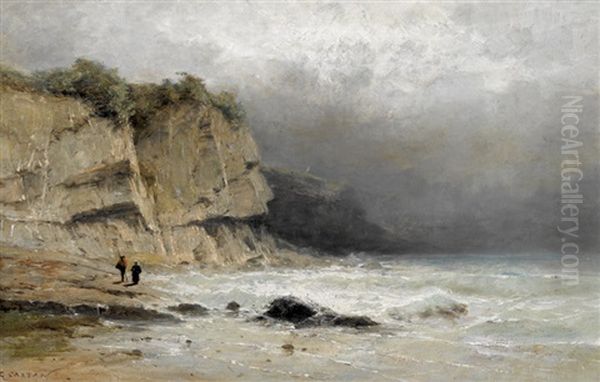 Felsige Kustenpartie Mit Staffage Oil Painting by Gustave Eugene Castan