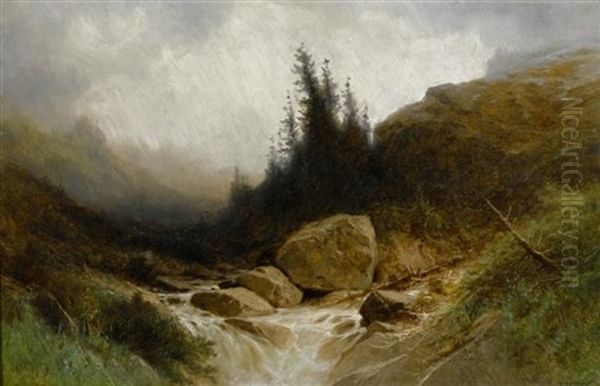 Berglandschaft Mit Einem Bach Im Vordergrund by Gustave Eugene Castan