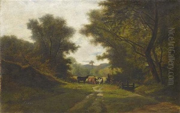 Bauer Mit Tieren In Einer Landschaft Oil Painting by Gustave Eugene Castan