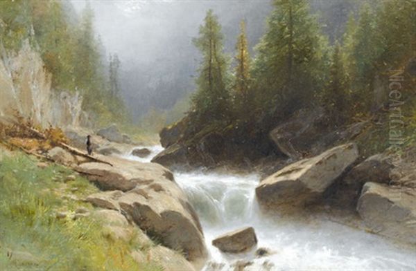 Wilder Gebirgsbach Bei Zermatt Mit Wanderer Oil Painting by Gustave Eugene Castan