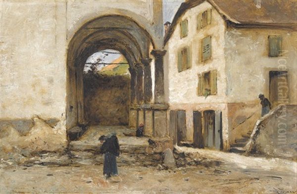 Strassenpartie Mit Kirche Und Figurenstaffage Oil Painting by Gustave Eugene Castan