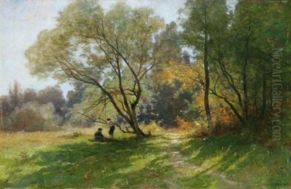 Deux Enfants Dans Un Sous-bois (two Children In The Undergrowth) Oil Painting by Gustave Eugene Castan