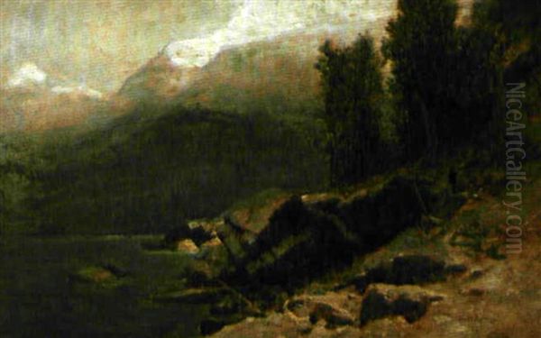 Seeufer Mit Schnee Bedeckten Bergspitzen Oil Painting by Gustave Eugene Castan