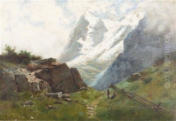 Sommerliche Gebirgslandschaft Im Wallis Mit Zwei Wanderern Oil Painting by Gustave Eugene Castan