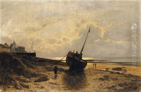 Bateau Echoue Sur Une Plage A Maree Basse Oil Painting by Gustave Eugene Castan