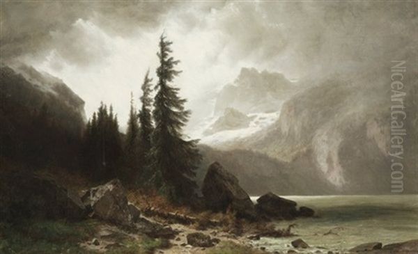 Aufziehendes Gewitter Uber Dem Oeschinensee by Gustave Eugene Castan