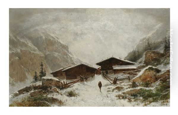 Chalets In The Swiss Alps Oil Painting by Gustave Eugene Castan