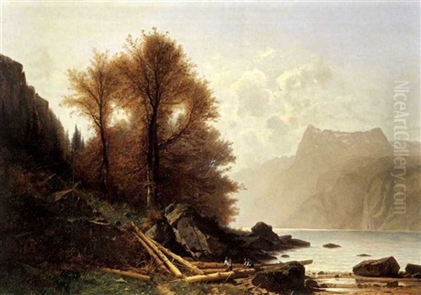 Holzarbeiter An Den Gestaden Des Vierwaldstattersees, Im Hintergrund Der Urirotstock Oil Painting by Gustave Eugene Castan