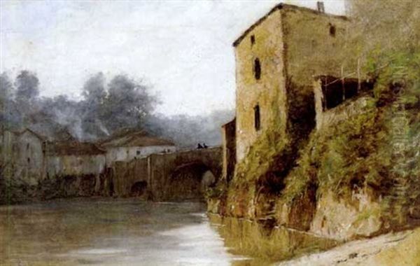 Steinbrucke Und Hauser Am Fluss Oil Painting by Gustave Eugene Castan