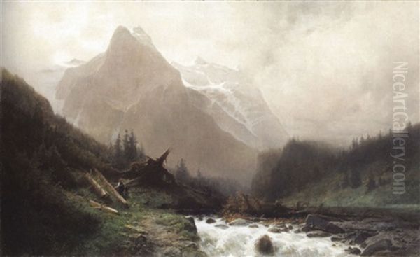 Le Welhorn Et Le Wetterhorn A Rosenlaui Oil Painting by Gustave Eugene Castan