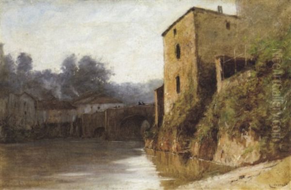 Steinbrucke Und Hauser Am Fluss Oil Painting by Gustave Eugene Castan