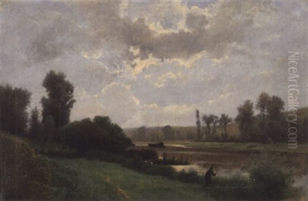 Flusslandschaft Mit Fischer Oil Painting by Gustave Eugene Castan