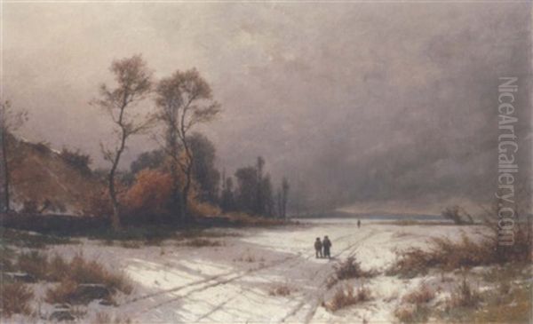 Zwei Kinder In Einer Winterlandschaft Oil Painting by Gustave Eugene Castan