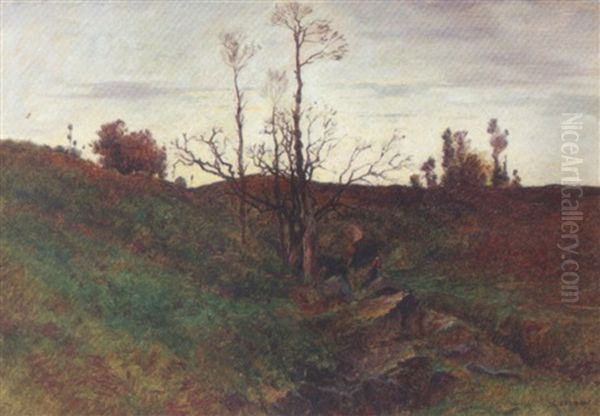 Abendliche Landschaft Mit Wanderin Oil Painting by Gustave Eugene Castan