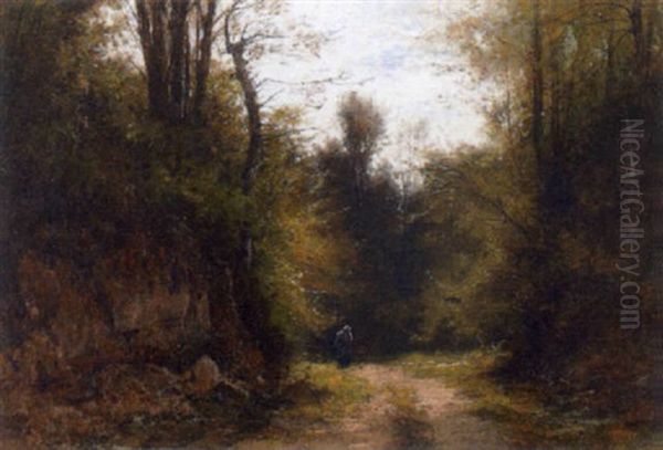 Waldlandschaft Mit Frau In Lichtung Oil Painting by Gustave Eugene Castan