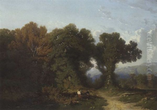 Holzfaller Auf Sonnigem Weg Am Waldrand Oil Painting by Gustave Eugene Castan