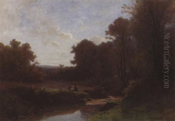 Paysage Avec Un Pere Et Un Fils Allumant Un Feu Oil Painting by Gustave Eugene Castan