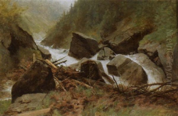 Alpenpartie Mit Wildem Gebirgsbach Oil Painting by Gustave Eugene Castan