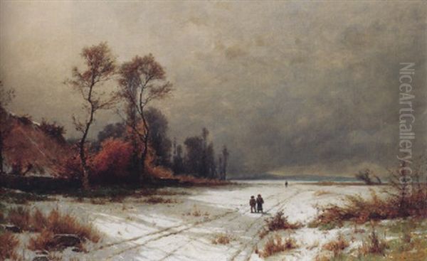 Winterlandschaft Mit Figuren Und See Im Hintergrund Oil Painting by Gustave Eugene Castan