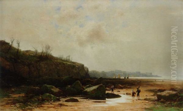 Kustenlandschaft Mit Strandfischern Und Stadtchen In Der Ferne Oil Painting by Gustave Eugene Castan