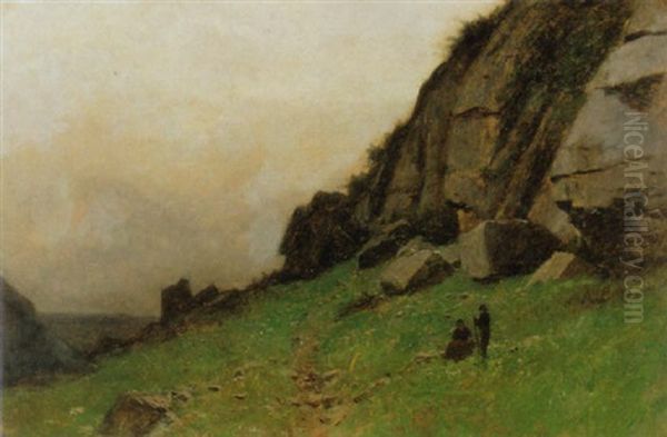 Landschaft Mit Zwei Hirtenkindern Vor Fels Oil Painting by Gustave Eugene Castan