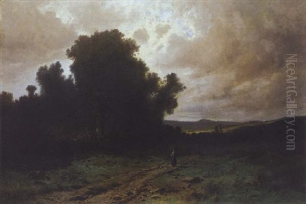 Bauerin Mit Reisigbundel Auf Einem Feldweg Oil Painting by Gustave Eugene Castan