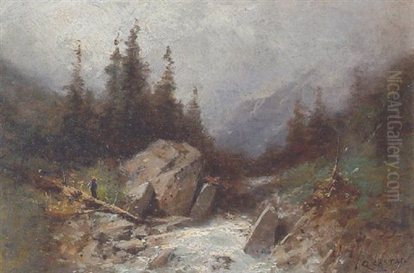 Ruisseau De Montagne Avec Promeneur Oil Painting by Gustave Eugene Castan