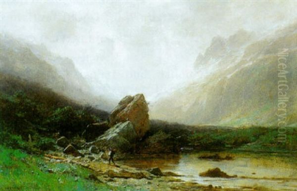 Wanderer In Gebirgslandschaft Oil Painting by Gustave Eugene Castan