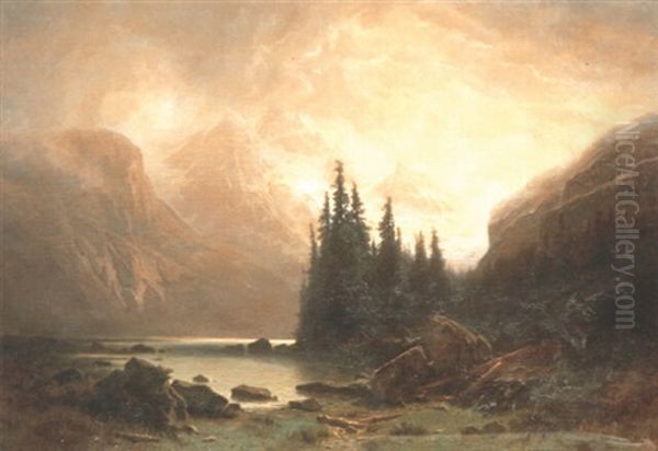 Le Lac D'oeschinen Sur Kandersteg Oil Painting by Gustave Eugene Castan