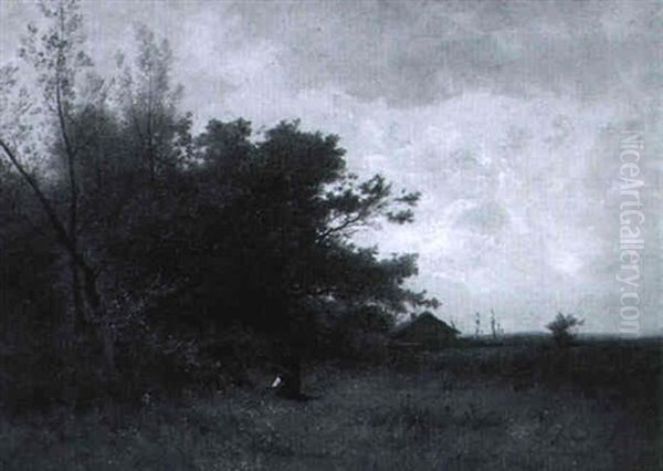 Paysage Avec Deux Jeunes Femmes Cueillant Des Fleurs Dans Un Pre Oil Painting by Gustave Eugene Castan