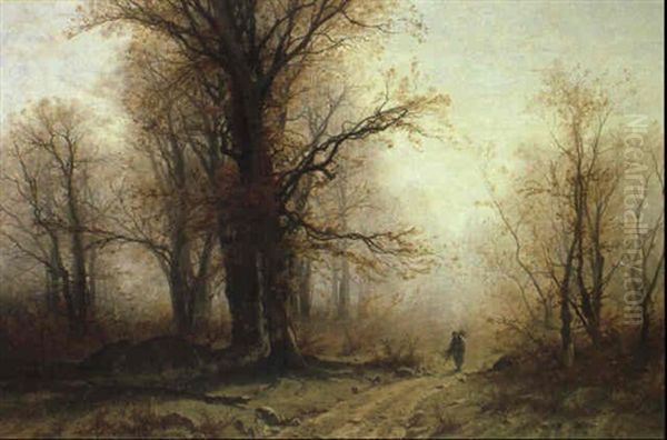 Reisigsammlerin Im Herbstlichen Wald Oil Painting by Gustave Eugene Castan