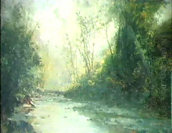 Wascherin Am Bach Oil Painting by Gustave Eugene Castan