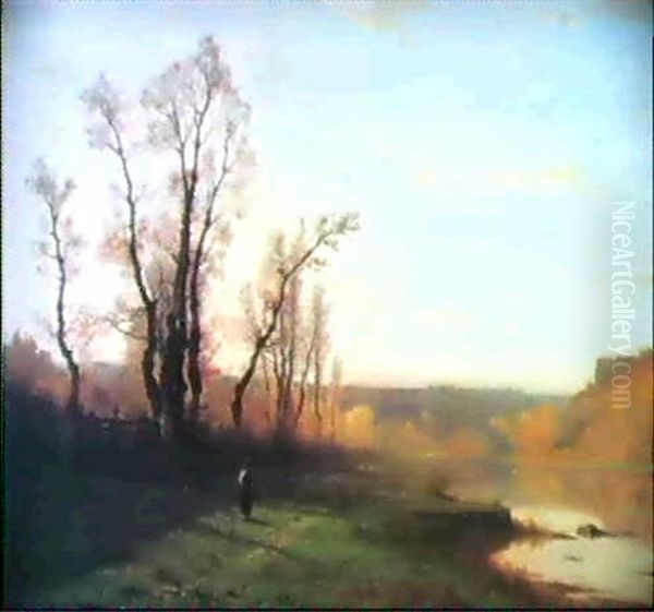 Rhone-landschaft Im Abendlicht Oil Painting by Gustave Eugene Castan