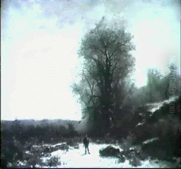 Paysage D'hiver Avec Chasseur Oil Painting by Gustave Eugene Castan