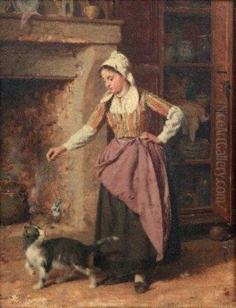 Jeune Femme Jouant Avec Un Chat Oil Painting by Pierre Jean Edmond Castan