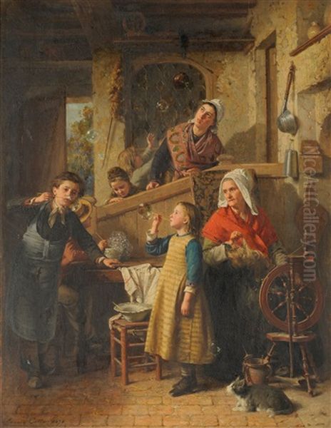 Cottage Interior With Children Blowing Bubbles Oil Painting by Pierre Jean Edmond Castan