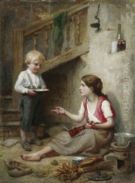 Vesperzeit: Junges Geschwisterpaar Im Hinterhof, Das Mittagsmahl Speisend Oil Painting by Pierre Jean Edmond Castan