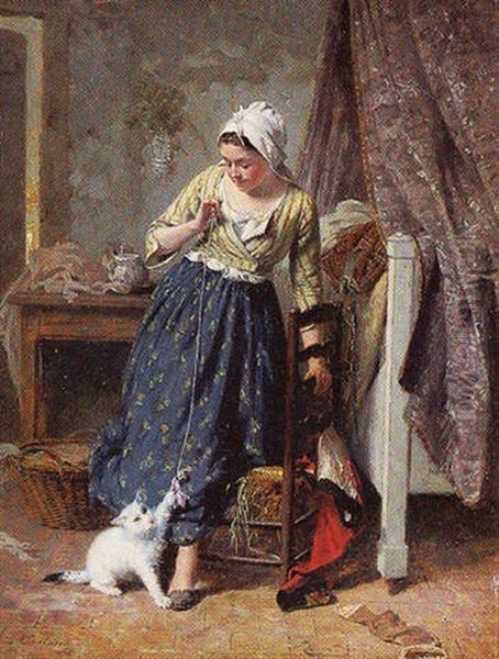 Madchen Im Schlafzimmer Mit Ihrer Katze Spielend Oil Painting by Pierre Jean Edmond Castan