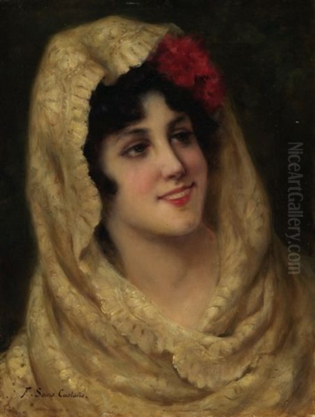 Spanierin Mit Roter Blume Im Haar Und Weisser Spitzen-mantilla Oil Painting by Francisco Sans Castano