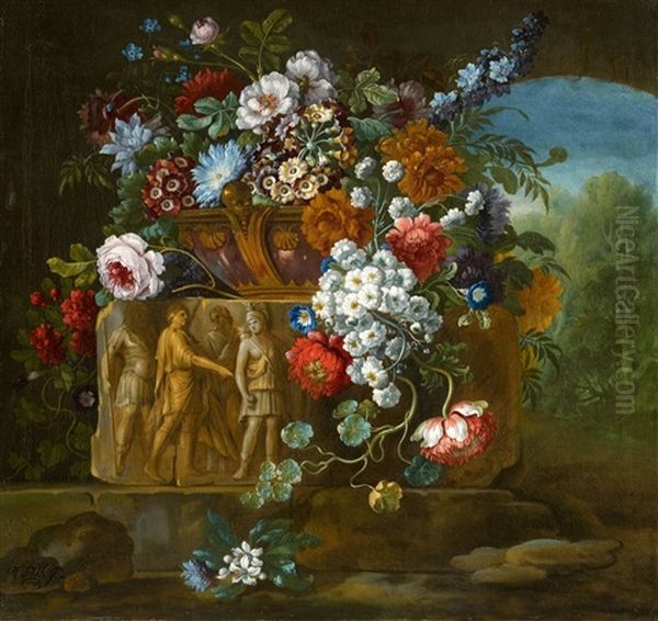 Flower Still Life With A Fragment Of A Roman Relief Oil Painting by Pieter Casteels III