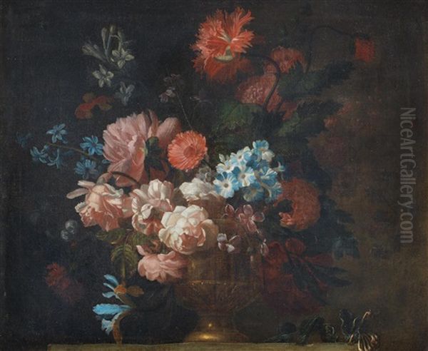 Roses, Morning Glory, Poppies And Other Flowers In A Gilt Vase On A Stone Ledge Oil Painting by Pieter Casteels III