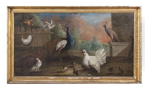 Peacocks And Domestic Fowl In An Architectural Landscape Oil Painting by Pieter Casteels III